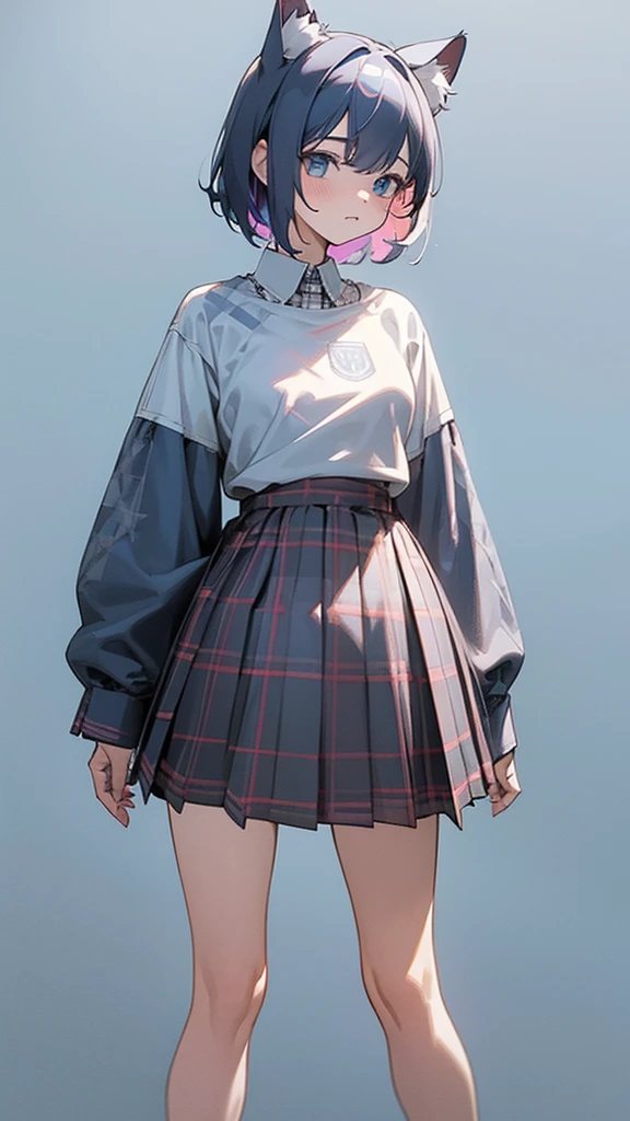 a woman in white shirt and plaid skirt standing against a blue background, with ripped t-shirt, detailed plaid mini skirt, plaid skirt, cat ears, t-shirt, extra short blue plaid skirt, she wearing streetwear, graphic print, wide cropped sleeve, very aesthetic!!!!!!!, pose 4 of 1 6, aesthetic!!!!!!!!!!!!, aesthetic!!, clothes!!!!!