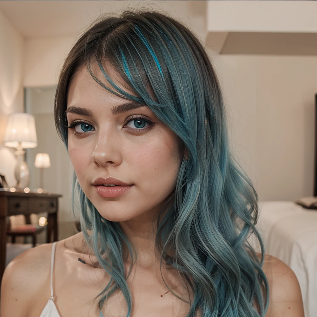 Light blue hair, turquoise eyes, long eyelashes, big red lips, apricot eyes, beauty, girly, curly hair, princess