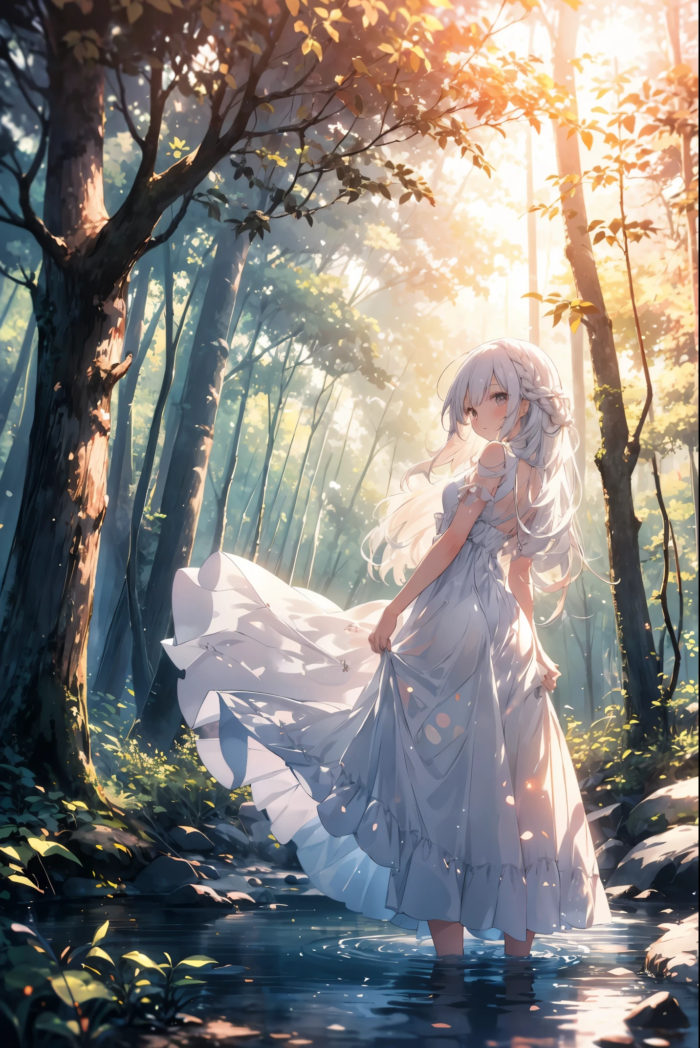 girl in white dress walking in forest towards the sunset with light beams through tree branches, 1girl, solo, nature, dress, forest, long hair, white dress, outdoors, wading