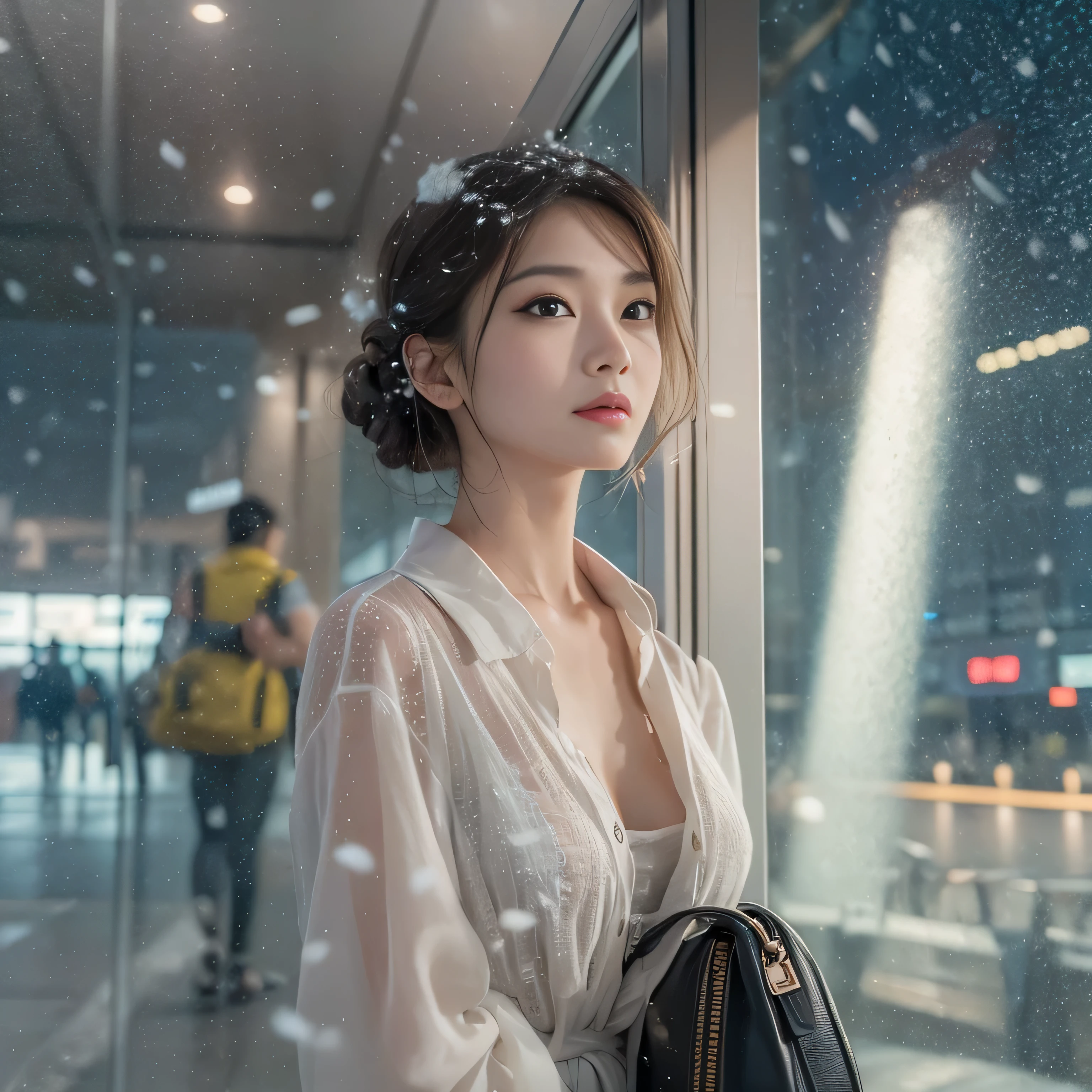 highest quality、High resolution、Super detailed、masterpiece、(Live shooting:1.5)、genuine:1.5、photogenuineistic:1.5、very delicate and beautiful、small details、1 female、Early 20s、(super beautiful)、(super beautiful顔)、wearing makeup、(Standing in the airport departure lobby at night)、(The background is a night view of an airplane seen from the window and falling snow..)、(upper body shot)