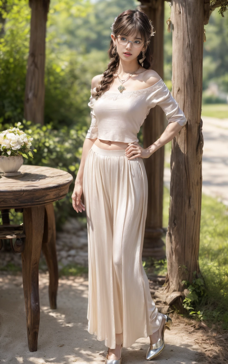 (8K, Masterpiece, RAW photo, Best quality, detail:1.3), (ultra realistic Natural background, scenary:1.5), Depth of field, Cinematic light, (ultra realistic face), (1 picture of 1 solo girl Airim Jones:1.6), 1girl, (Beautiful and elegant Russian girl), (skinny girl with glasses), (European face:1.3), (perfect complete full body:1.6), (full body shot including shoes:1.6), (perfect [frontal view|side profile|back profile]:1.5), (small necklace, collarbone:1.1), ( [bangs|pigtails|bob|pixie] hair:1.5), (ultra detailed skin:1.4), (sexy red minitop:1.5), (soft fabric miniTop:1.5), (soft fabric mate color pants:1.5), (tight Wide-Leg Linen Pants:1.6), (perfect standing pose:1.5), (perfect long legs:1.35), (low rise pants:1.5), (low waisted pants:1.5), (perfect shoes:1.5), (perfect feet:1.5), (perfect oriented feet:1.4)