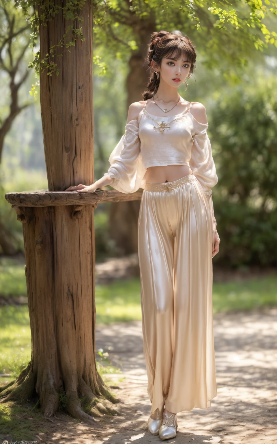 (8K, Masterpiece, RAW photo, Best quality, detail:1.3), (ultra realistic Natural background, scenary:1.5), Depth of field, Cinematic light, (ultra realistic face), (1 picture of 1 solo girl Airim Jones:1.6), 1girl, (Beautiful and elegant Russian girl), (skinny girl with glasses), (European face:1.3), (perfect complete full body:1.6), (full body shot including shoes:1.6), (perfect [frontal view|side profile|back profile]:1.5), (small necklace, collarbone:1.1), ( [bangs|pigtails|bob|pixie] hair:1.5), (ultra detailed skin:1.4), (sexy red minitop:1.5), (soft fabric miniTop:1.5), (soft fabric mate color pants:1.5), (tight Wide-Leg Linen Pants:1.6), (perfect standing pose:1.5), (perfect long legs:1.35), (low rise pants:1.5), (low waisted pants:1.5), (perfect shoes:1.5), (perfect feet:1.5), (perfect oriented feet:1.4)