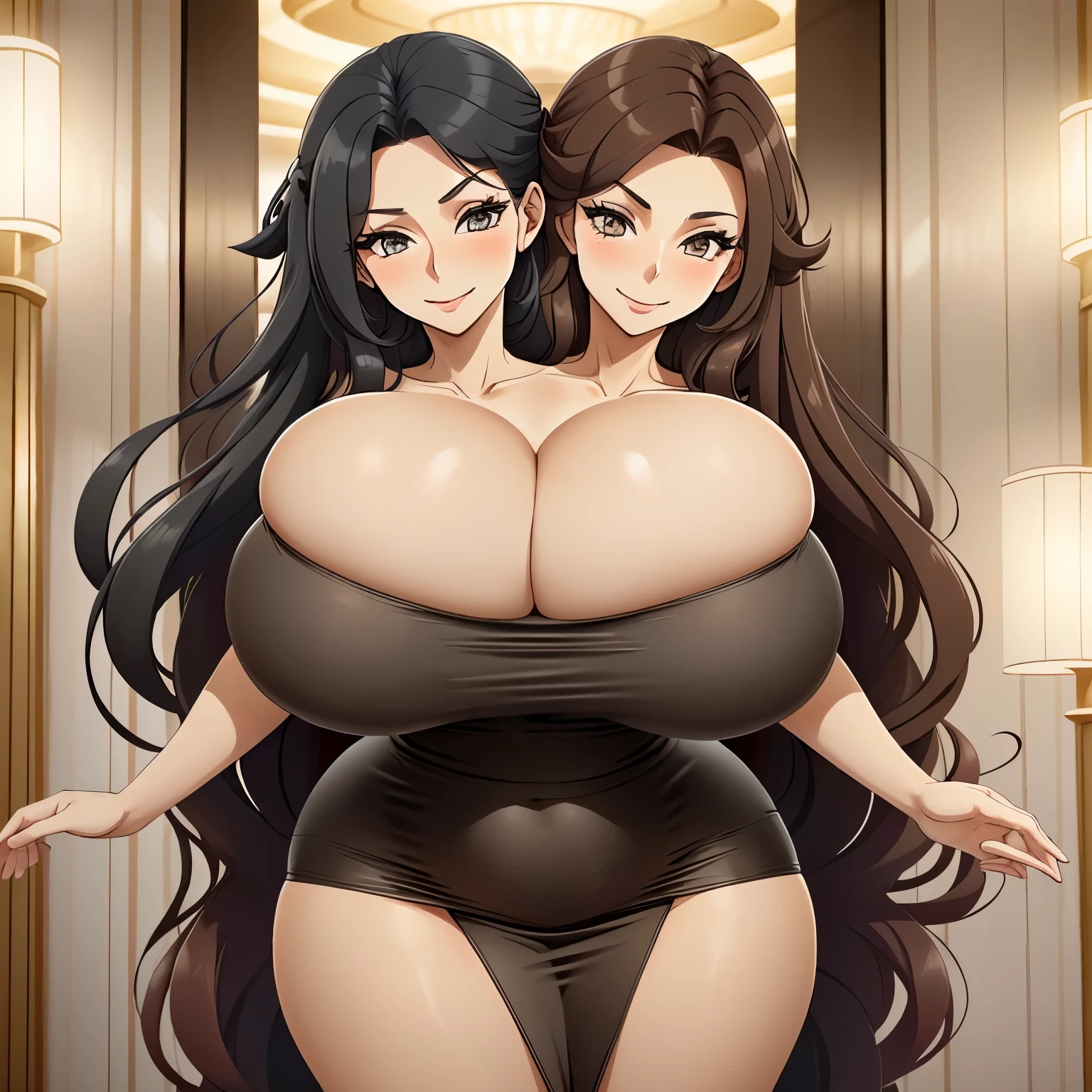 2 heads, a tall skinny woman with 2 heads. Massive fake round tits. In a fancy hotel lobby. Wearing an elegant dress. Gorgeous face. Cute. Happy. Smiling. Mature. Flirty. Goth. Long red hair in bun. Touching breasts. Seductive. Lustful. Gigantic round fake tits. Thick thighs. Slutty. Mommy, MILF, mother, mature. 2 heads. Conjoined. Enormous round fake boobs. Aroused. Horny. Tall, giantess, huge body, tall woman, towering.