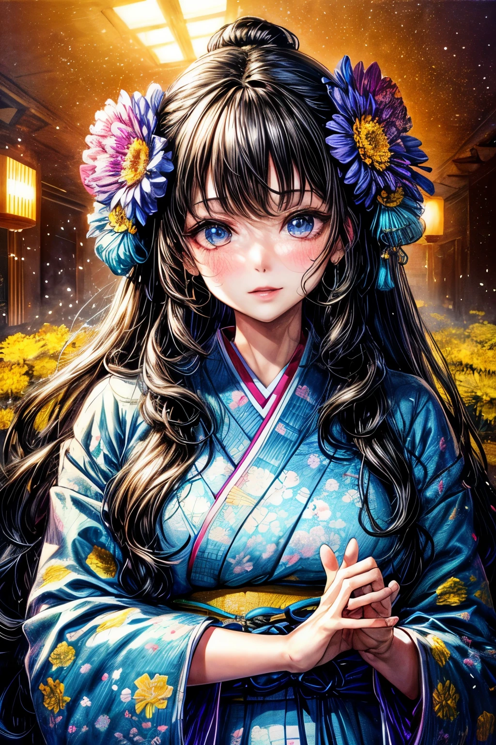 ((worst quality, low quality)), ((girl)), solo, (Close-up:1.3), (face focus:1.4), ((half updo, black hair)), clear eyes and plump, plump lips, beautiful light blue eyes):1.2), spoken word heart, (perfect hands:1.3), (traditional Japanese clothing:1.2), (wearing a kimono with a flower pattern, Delicate and detailed embroidery:1.3), Best clothes, Coming of Age Day, embarrassing, Standing ceremony, Looking at Viewer, head tilt,(light particles, shine of light:1.4), (( Coming of Age Day, Background of a hall where many people gather)), high angle shot, muste piece, best quality, Super detailed,