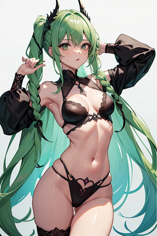 ultra realista 8k cg, obra de arte, ((fundo ultra detalhado, delicate pattern, detalhe intrincado)), (altamente detalhado, detalhes finos, rosto, olhos e cabelos lindos e detalhados,1 garota, Mitsuri(Demon Slayer), peito grande, cabelo longo gradiente verde-rosa, olhos verdes , () coxas verdes despojadas, cabelo multicolorido, Cabelo longo, franja, Twin braids, corar, suor, quadris largos, coisas grossas, olhando para o espectador, Tiro de cowboy de corpo inteiro, (), pose ,