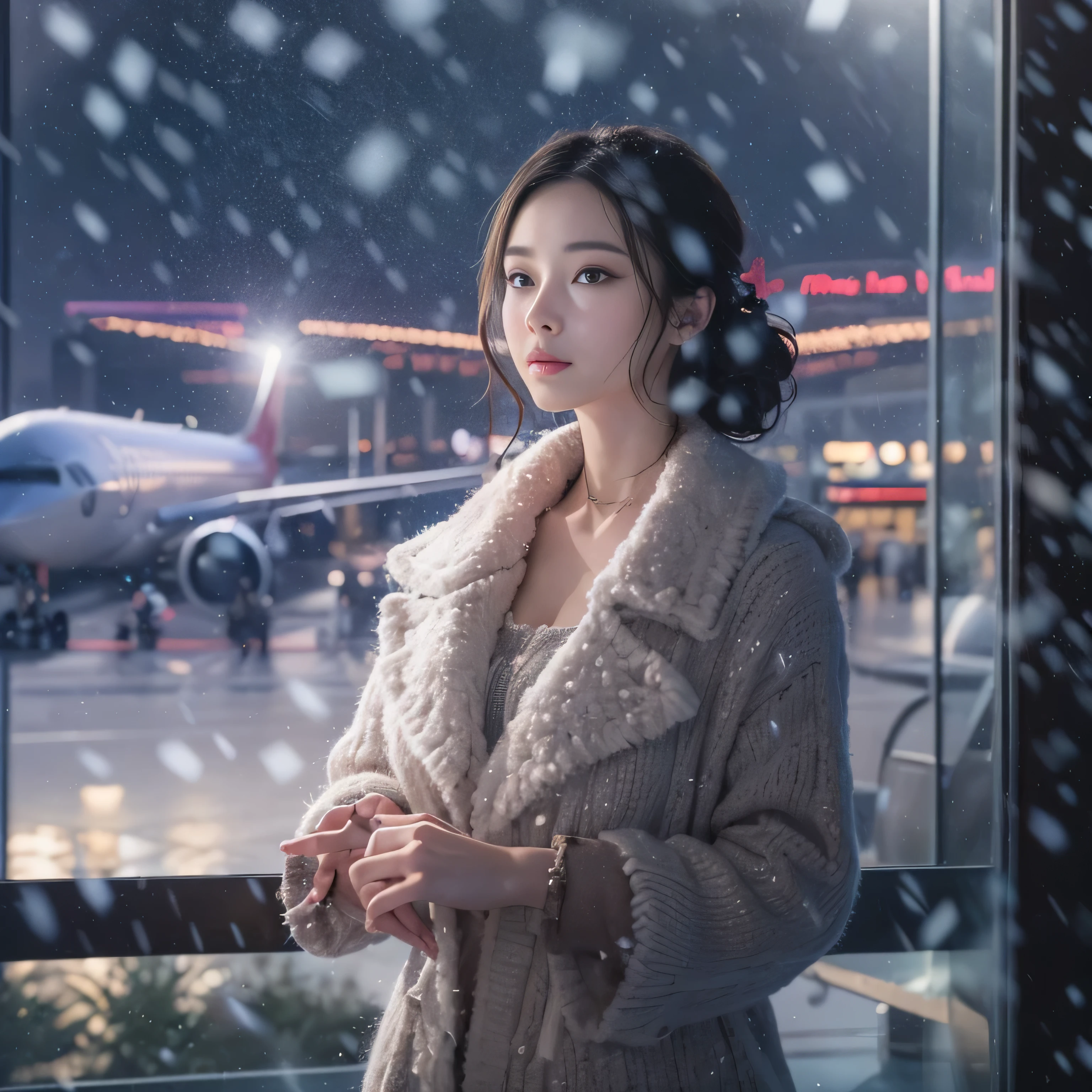 highest quality、High resolution、Super detailed、masterpiece、(Live shooting:1.5)、genuine:1.5、photogenuineistic:1.5、very delicate and beautiful、small details、1 female、Early 20s、(super beautiful)、(super beautiful顔)、wearing makeup、(Standing in the airport departure lobby at night)、(The background is a night view of an airplane seen from the window and falling snow..)、(upper body shot)