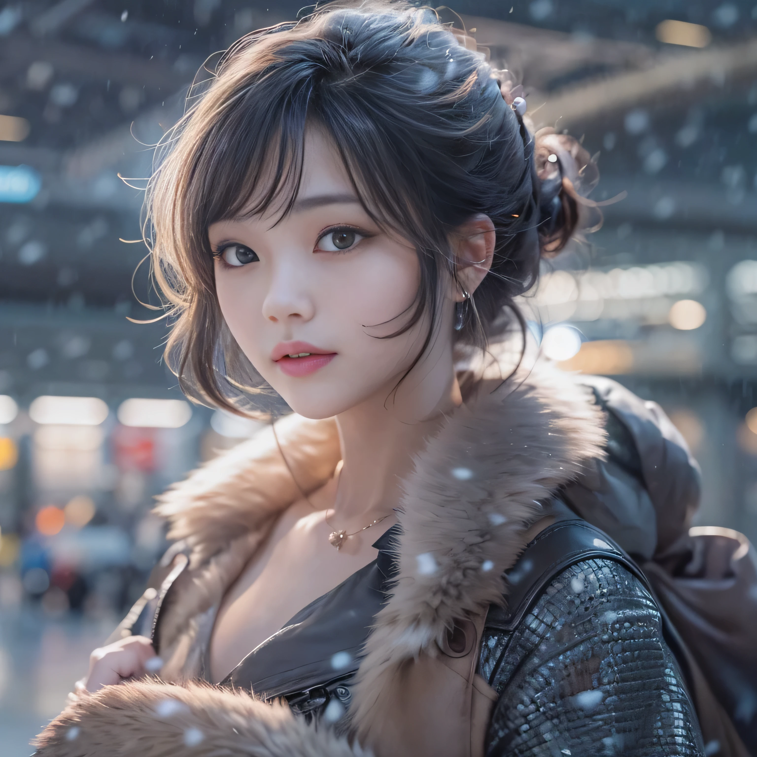 highest quality、High resolution、Super detailed、masterpiece、(Live shooting:1.5)、genuine:1.5、photogenuineistic:1.5、very delicate and beautiful、small details、1 female、Early 20s、(super beautiful)、(super beautiful顔)、wearing makeup、(Standing in the airport departure lobby at night)、(The background is a night view of an airplane seen from the window and falling snow..)、(upper body shot)
