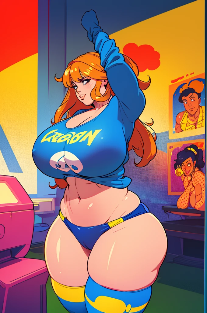 HDR, Upper body portrait, Floating, 1woman, solo, jordan carver, black woman, hairband, blunt bangs, (mole under eye:0.7), (extra long and thick luxurious braided hair with cerise highlights), freckled skin, huge breasts, (wearing massive blue and yellow college bomber jacket with tight anime logo t-shirt and mauve plaid miniskirt), (knee high socks), smiling and seductive, (blowing a gigantic bubblegum bubble from the front her lips), (indoor neon lit arcade with arcade cabinets), (((muscular))), giving seductive look to viewer, (several air hoses connected to her thighs and arms and back from air canister in room), (rubber vinyl seams down centers of exposed arms and legs), blowing bubblegum!!!