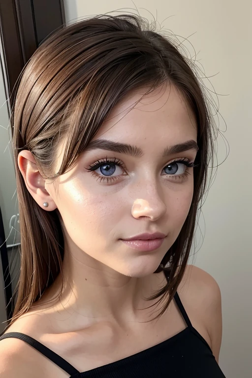 Belle fille, Marron_eyeeautiful mince adolescente de 18 ans, cheveux color [Brown highlights cheveux], [Pixie undercut] cheveux)), boucles d’oreilles, lèvres, Réaliste, taille étroite, charmant, pink lèvrestick, maquillage coloré, Cils longs, boucles d’oreilles, porter de l’eye-liner, peau claire, (mignon), (face détaillée), Yeux détaillés, Iris détaillé, en string dentelle , bas resille , assise dans un canapé 
