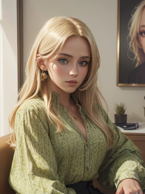 (best quality, 4k, highres, ultra-detailed, realistic:1.37), vivid colors, long blonde hair, loose, girl (1girl), detailed eyes, detailed lips, light green patterned blouse, talking on the phone, sitting on the red living room sofa, portrait, bright lighting, bokeh, comfortable living room setting