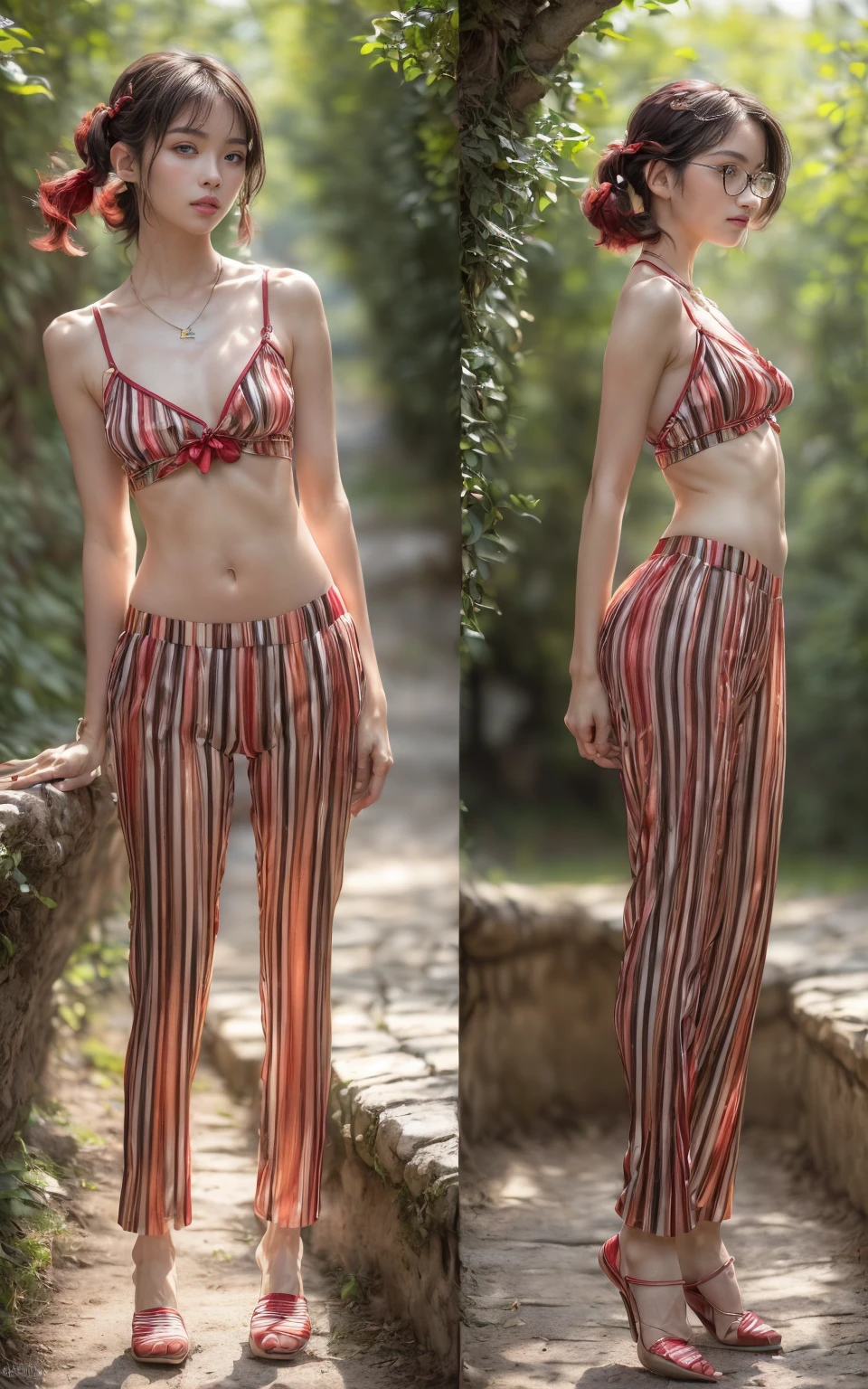 (8K, Masterpiece, RAW photo, Best quality, detail:1.3), (ultra realistic Natural background, scenary:1.5), Depth of field, Cinematic light, (ultra realistic face), (1 picture of 1 solo girl Airim Jones:1.6), 1girl, (Beautiful and elegant Russian girl), (skinny girl with glasses), (European face:1.3), (perfect complete full body:1.6), (full body shot including shoes:1.6), (perfect [frontal view|side profile|back profile]:1.5), (small necklace, collarbone:1.1), ( [bangs|pigtails|bob|pixie] hair:1.5), (ultra detailed skin:1.4), (sexy red minitop:1.5), (soft fabric miniTop:1.5), (soft fabric mate color pants:1.5), (tight Striped Side Pants:1.6), (perfect standing pose:1.5), (perfect long legs:1.35), (low rise pants:1.5), (low waisted pants:1.5), (perfect shoes:1.5), (perfect feet:1.5), (perfect oriented feet:1.4)