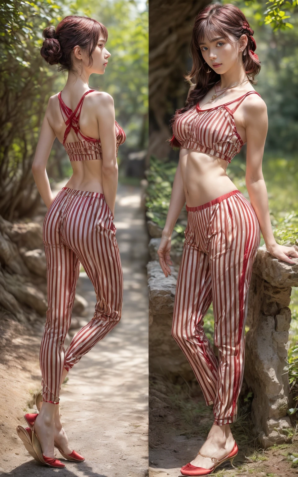 (8K, Masterpiece, RAW photo, Best quality, detail:1.3), (ultra realistic Natural background, scenary:1.5), Depth of field, Cinematic light, (ultra realistic face), (1 picture of 1 solo girl Airim Jones:1.6), 1girl, (Beautiful and elegant Russian girl), (skinny girl with glasses), (European face:1.3), (perfect complete full body:1.6), (full body shot including shoes:1.6), (perfect [frontal view|side profile|back profile]:1.5), (small necklace, collarbone:1.1), ( [bangs|pigtails|bob|pixie] hair:1.5), (ultra detailed skin:1.4), (sexy red minitop:1.5), (soft fabric miniTop:1.5), (soft fabric mate color pants:1.5), (tight Striped Side Pants:1.6), (perfect standing pose:1.5), (perfect long legs:1.35), (low rise pants:1.5), (low waisted pants:1.5), (perfect shoes:1.5), (perfect feet:1.5), (perfect oriented feet:1.4)