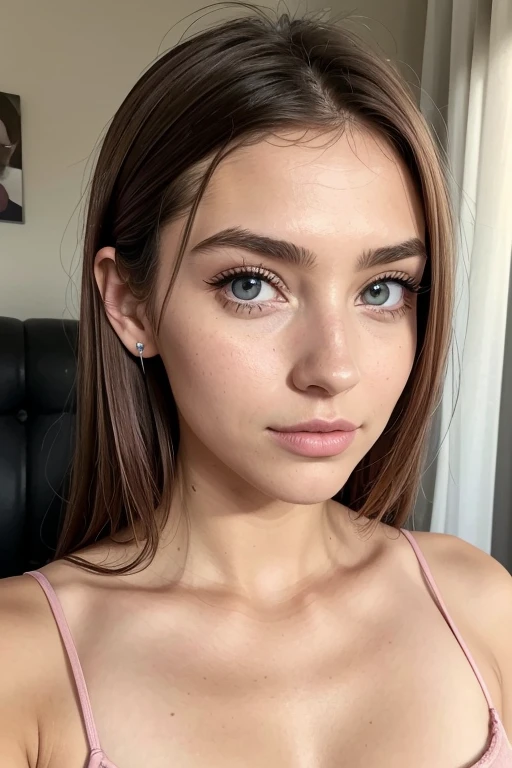 Belle fille, Marron_eyeeautiful mince adolescente de 18 ans, cheveux color [Brown highlights cheveux], [Pixie undercut] cheveux)), boucles d’oreilles, lèvres, Réaliste, taille étroite, charmant, pink lèvrestick, maquillage coloré, Cils longs, boucles d’oreilles, porter de l’eye-liner, peau claire, (mignon), (face détaillée), Yeux détaillés, Iris détaillé, nue sur le lit