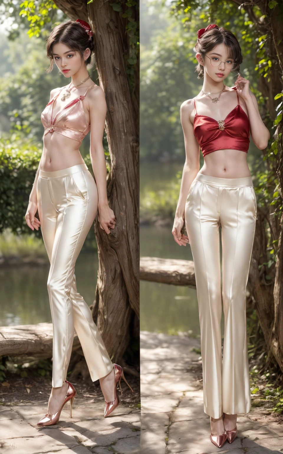 (8K, Masterpiece, RAW photo, Best quality, detail:1.3), (ultra realistic Natural background, scenary:1.5), Depth of field, Cinematic light, (ultra realistic face), (1 picture of 1 solo girl Airim Jones:1.6), 1girl, (Beautiful and elegant Russian girl), (skinny girl with glasses), (European face:1.3), (perfect complete full body:1.6), (full body shot including shoes:1.6), (perfect [frontal view|side profile|back profile]:1.5), (small necklace, collarbone:1.1), ( [bangs|pigtails|bob|pixie] hair:1.5), (ultra detailed skin:1.4), (sexy red minitop:1.5), (soft fabric miniTop:1.5), (soft fabric mate color pants:1.5), (tight Wrap Front Trousers:1.6), (perfect standing pose:1.5), (perfect long legs:1.35), (low rise pants:1.5), (low waisted pants:1.5), (perfect shoes:1.5), (perfect feet:1.5), (perfect oriented feet:1.4)