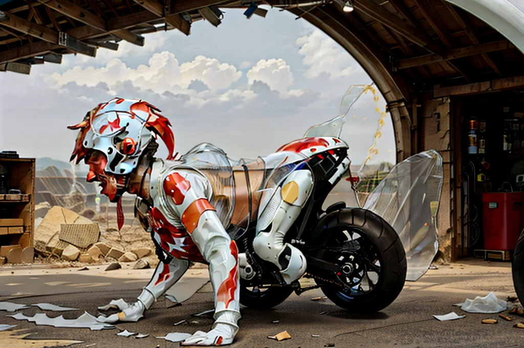 Ultra high resolution, extremely detailed raw photograph, close-up,  (half transformation), human motorcycle shiny smooth liquid metal motorcycle hybridization metamorphosis, wearing partial sportsbike costume quadsuit, in garage, (half human), ((((red white)))), ((liquid polyvinyl goo partial encasement)), human motorcycle hybrid