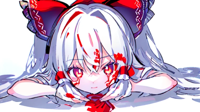 White messy hair, A playful expression，Red-eyed girl, Black and white premium coat,Barefoot  ，Knife pulling action，tachi-e, Wide-angle, kanon, Motion blur, Ray tracing, Award-Awarded, High details, Smooth skin, 4K, Anatomically correct, ccurate, retinas，magazine cover text，blood-streaked face，