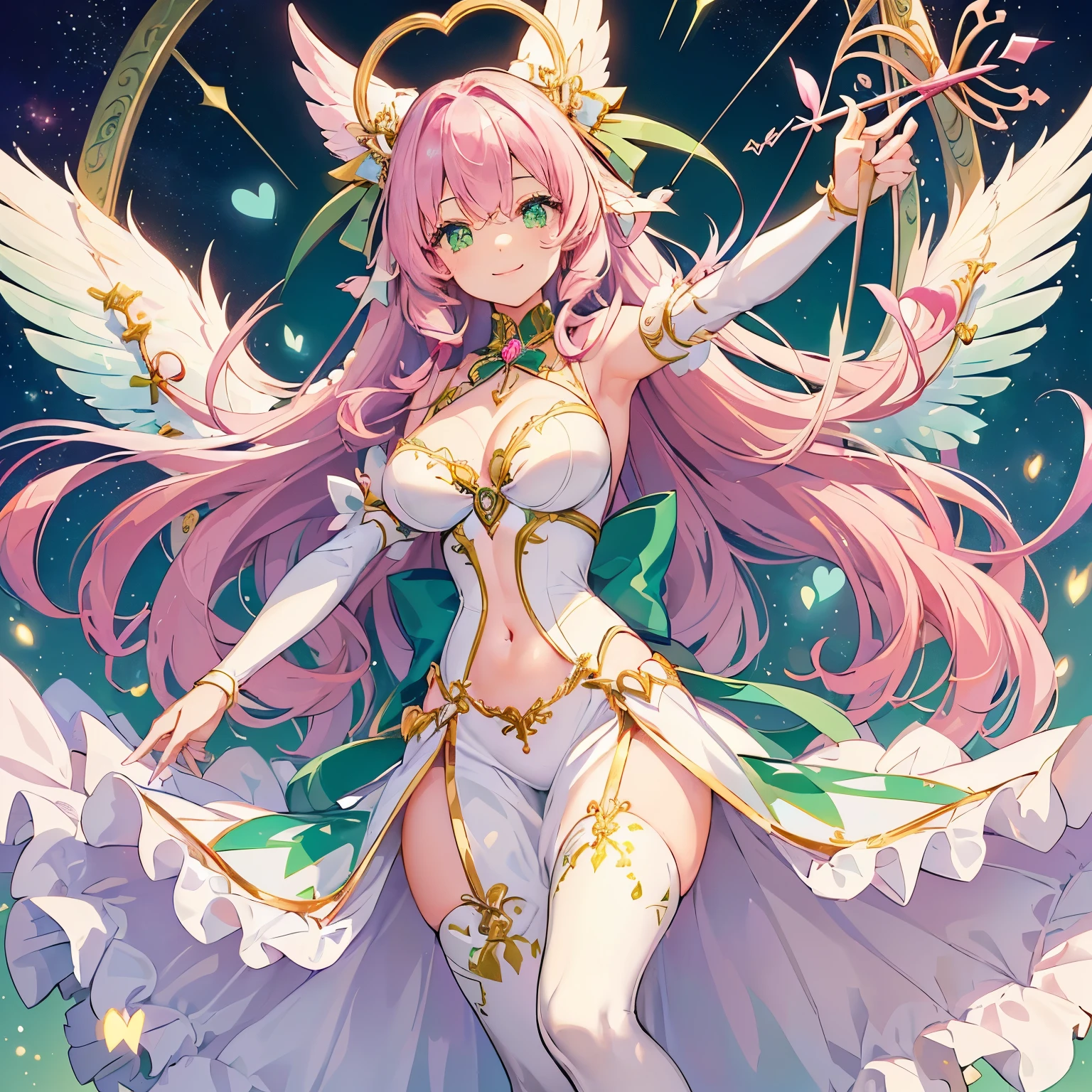 ((Beautiful)) ((Green eyes)) ((pink hair)) ((long hair)) ((cute white wings)) ((hourglass figure)) ((large breasts)) ((wide hips)) ((pink and white dress)) ((small hearts in background)) ((bow and arrow)) ((gold bow)) ((white arrow)) ((cupid)) ((dimples)) ((small hearts everywhere)) ((cute smile)) ((playful look)) ((doll like))