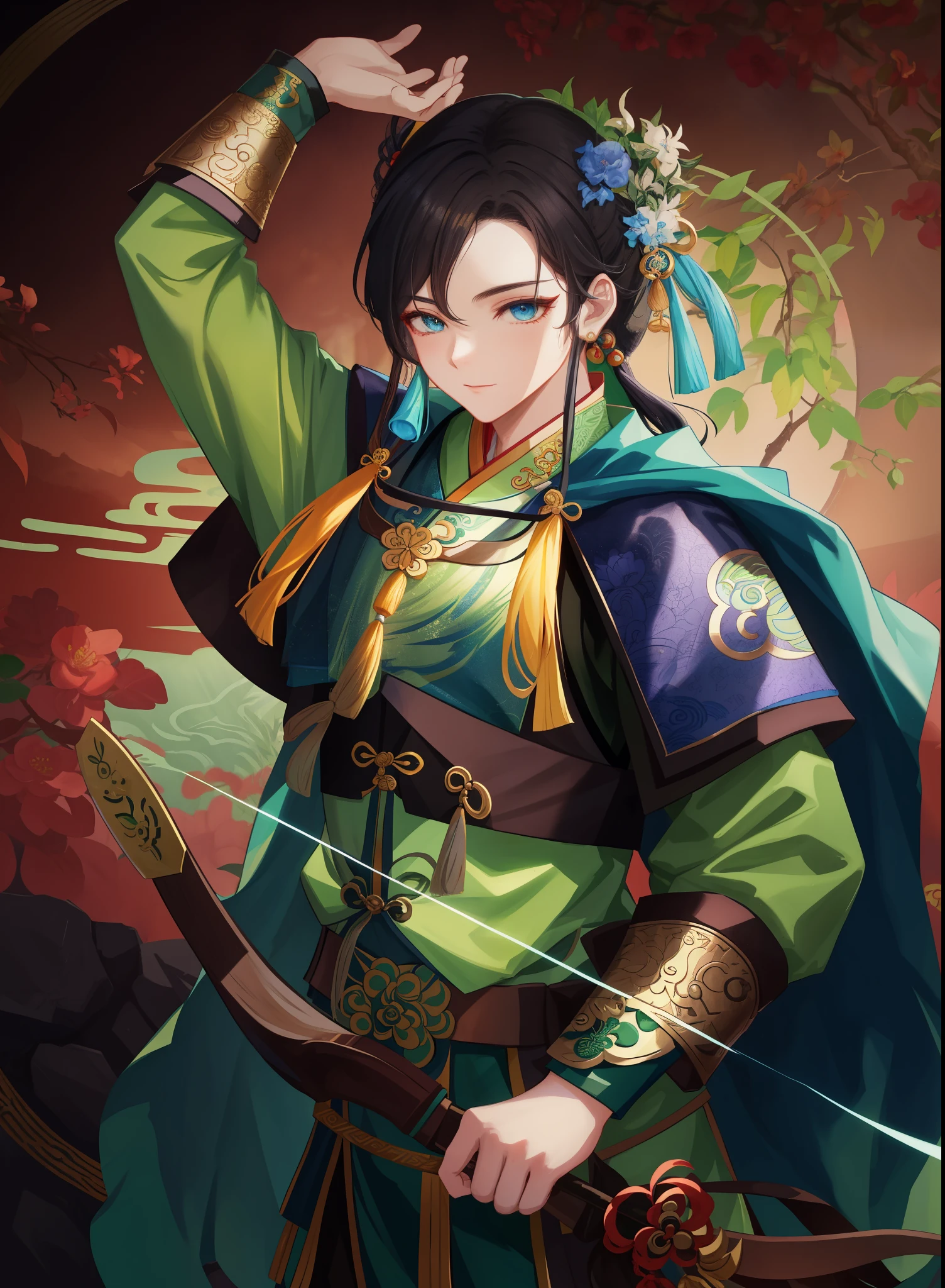 A person wearing green clothing、xianxia hero, Inspired by Zhu Lian。Inspired by Zhibai, Inspired by Li Meihu, Inspired by Zhao Yuan, Inspired by Li Tang, Inspired by Zhang Wo, Inspired by Guo Chun, inspired by Wu Zuoren, Guan Yed hair，girl，blue eyes，Red eyelashes