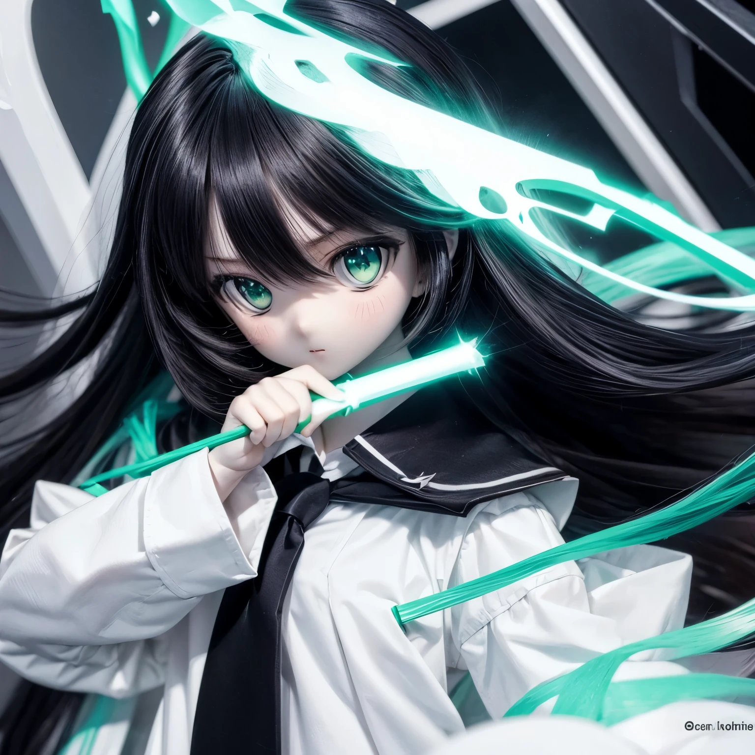 girl, black hair, anime, green eyes, long hair, white shirt, white dress, black coat, 1 girl, green tie, magic, magic stick, magic fight, serious expression, crow