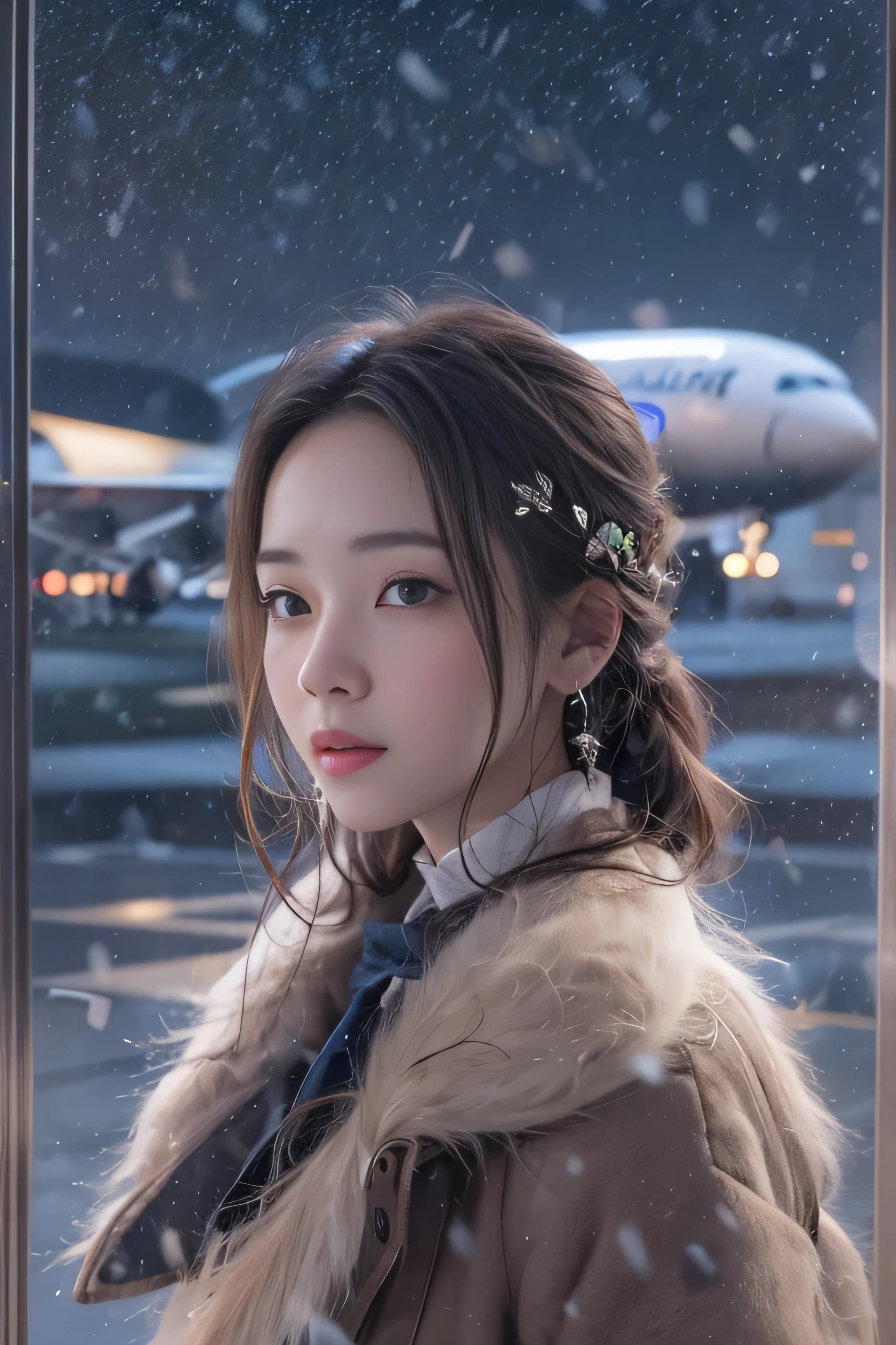 highest quality、High resolution、Super detailed、masterpiece、(Live shooting:1.5)、genuine:1.5、photogenuineistic:1.5、very delicate and beautiful、small details、1 female、Early 20s、(super beautiful)、(super beautiful顔)、wearing makeup、(Standing in the airport departure lobby at night)、(The background is a night view of an airplane seen from the window and falling snow..)、(upper body shot)