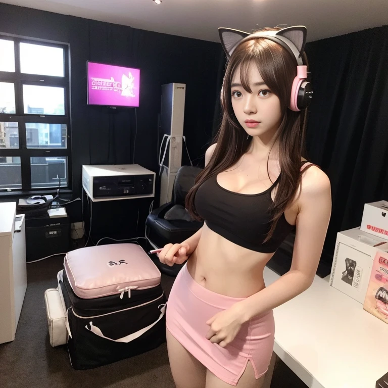 the news show on tv, woman news anchor, drooping eyes, realistic skin, broadcasting her panties,