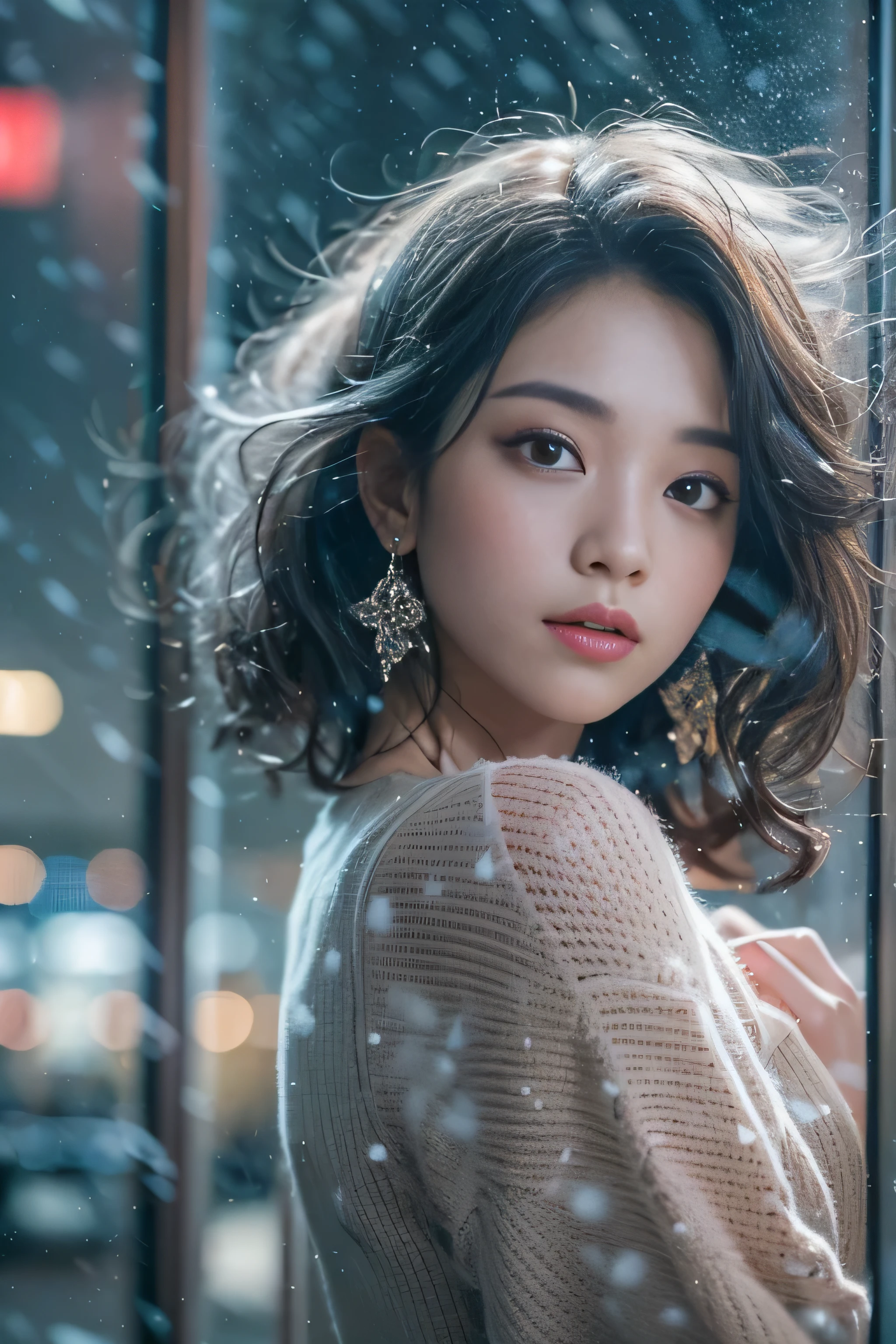 highest quality、High resolution、Super detailed、masterpiece、(Live shooting:1.5)、genuine:1.5、photogenuineistic:1.5、very delicate and beautiful、small details、1 female、Early 20s、(super beautiful)、(super beautiful顔)、wearing makeup、(Standing in the airport departure lobby at night)、(The background is a night view of an airplane seen from the window and falling snow..)、(upper body shot)