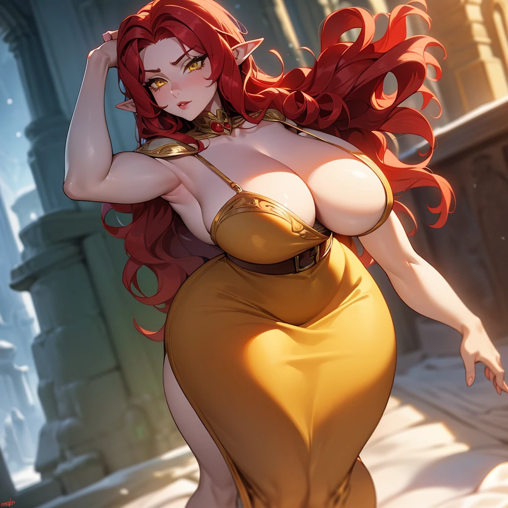 ((I want an elf woman milf, with wavy red hair and cold yellow eyes, curvy body, royal dress, a cold expression))