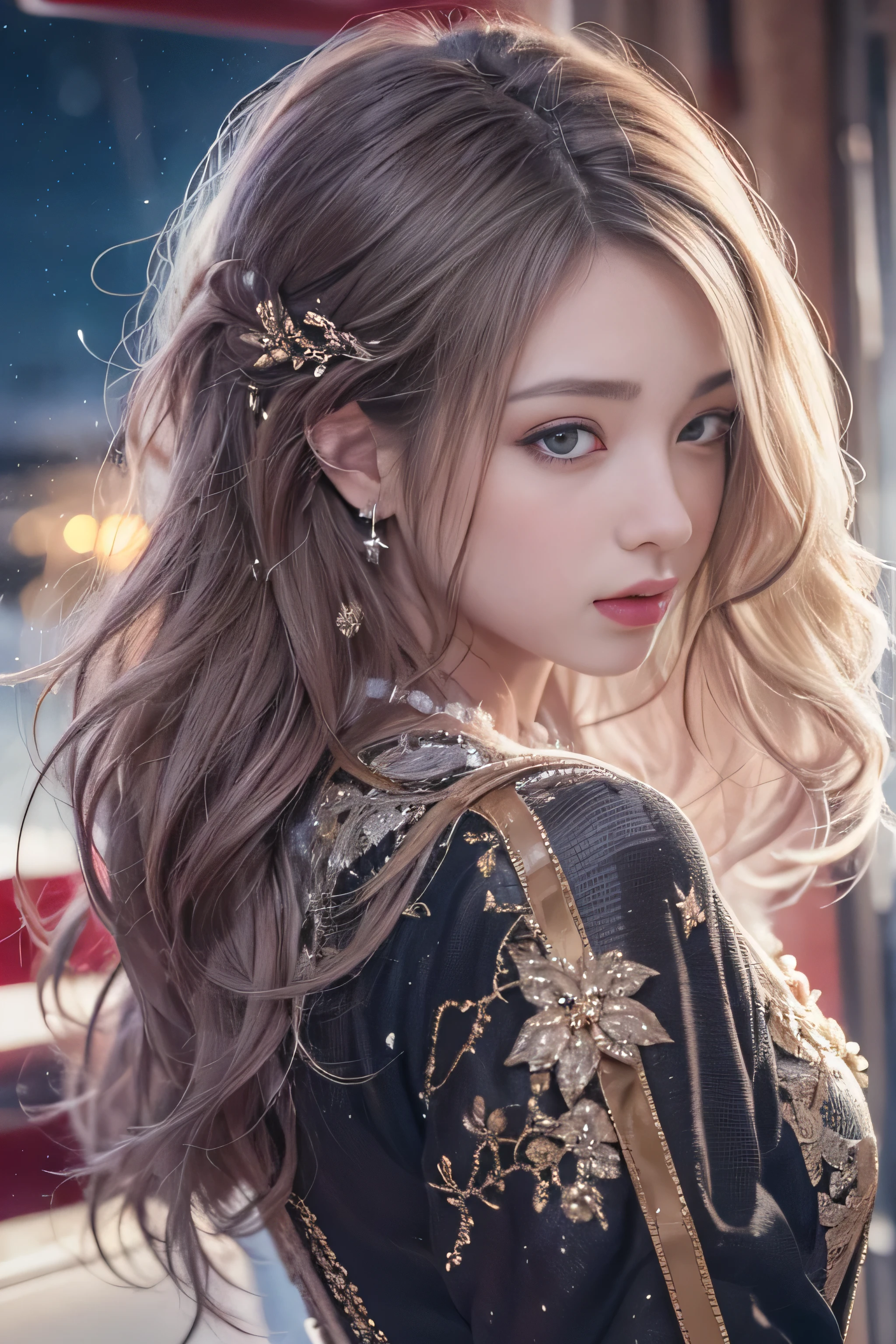 highest quality、High resolution、Super detailed、masterpiece、(Live shooting:1.5)、genuine:1.5、photogenuineistic:1.5、very delicate and beautiful、small details、1 female、Early 20s、(super beautiful)、(super beautiful顔)、wearing makeup、(Standing in the airport departure lobby at night)、(The background is a night view of an airplane seen from the window and falling snow..)、(upper body shot)
