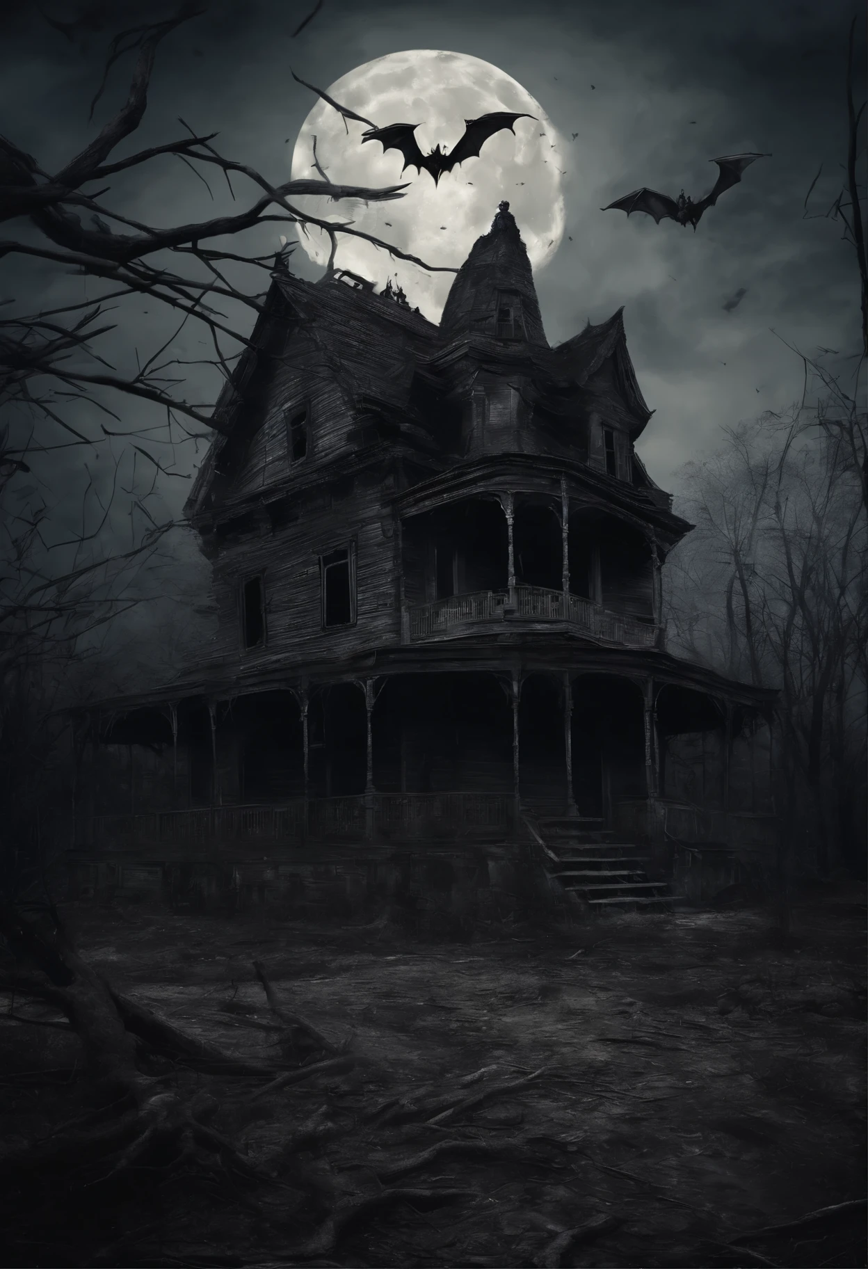 old dilapidated three-story wooden house in the distance with a balcony and terrace, the road to the house covered with the roots of old dried trees, night, big moon, bats, tense atmosphere, (Best Quality, 16K, Masterpiece, Ultra HD:1.3, Huge detail, hyper realistic, epic scale, insane level of details)