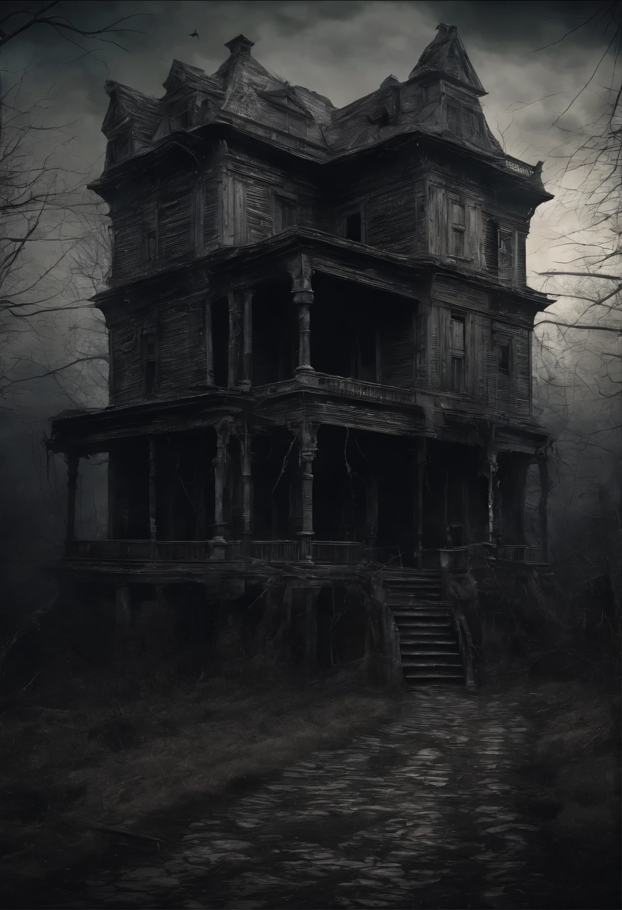 old dilapidated three-story wooden house in the distance with a balcony and terrace, the road to the house covered with the roots of old dried trees, night, big moon, bats, tense atmosphere, (Best Quality, 16K, Masterpiece, Ultra HD:1.3, Huge detail, hyper realistic, epic scale, insane level of details)