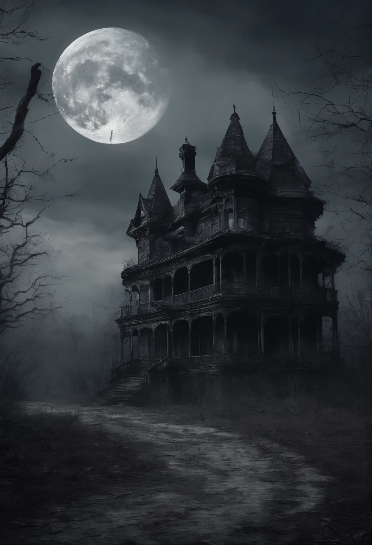 old dilapidated three-story wooden house in the distance with a balcony and terrace, the road to the house covered with the roots of old dried trees, night, big moon, bats, tense atmosphere, (Best Quality, 16K, Masterpiece, Ultra HD:1.3, Huge detail, hyper realistic, epic scale, insane level of details)