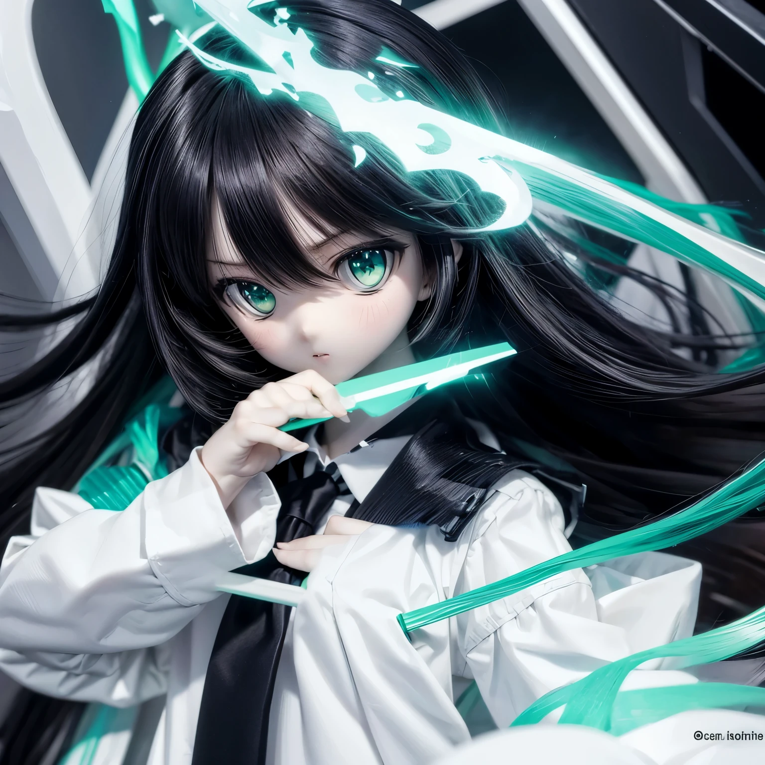 girl, black hair, anime, green eyes, long hair, white shirt, white dress, black coat, 1 girl, green tie, magic, magic stick, magic fight, serious expression, crow