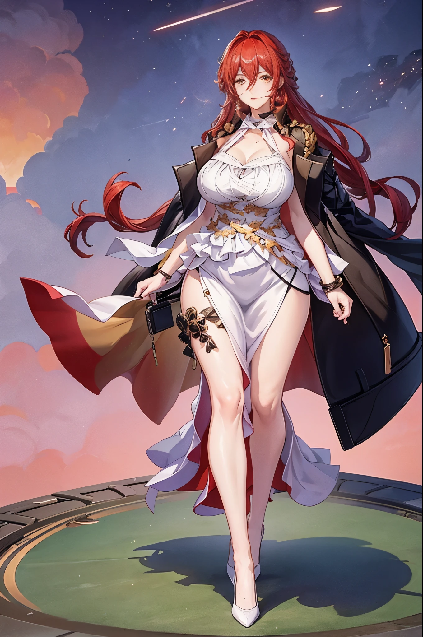 ((masterpiece, best quality)), (1girl),((mature female)), red hair, hairband, bangs, long hair, two piece strapless suit, micro suit, __location__, leotard, , black hairband, shoulder cutout, black thitying hair,curvy,cleavage,confident, ((flying petal)),(Flowery meadow) sky, cloudy_sky, building, sunlight, sun, evening,, (evening theme:1.3), light, fantasy,