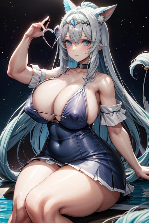 Cabelo longo, cabelo azul claro, olhos amarelos, Pupils of the Heart, orelhas de raposa, 9 caudas, peitos grandes, vestindo moletom, Long capacity, night time, usando luvas pretas, dentro de uma casa, licking your own lips, mostrando