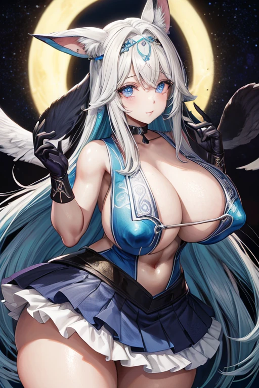 Cabelo longo, cabelo azul claro, olhos amarelos, Pupils of the Heart, orelhas de raposa, 9 caudas, peitos grandes, vestindo moletom, Long capacity, night time, usando luvas pretas, dentro de uma casa, licking your own lips, mostrando