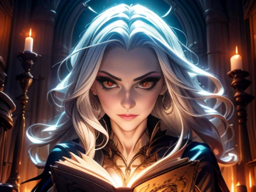 ((materpiece)), ((best quality)), ((cinematic lighting): 1.0), ((medium close-up): 1.0)A Witch, white hair, pale skin, red eyes, holding an open grimoire. Behind her, several demonic creatures peer at the book, preparing to leave their hellish prison.