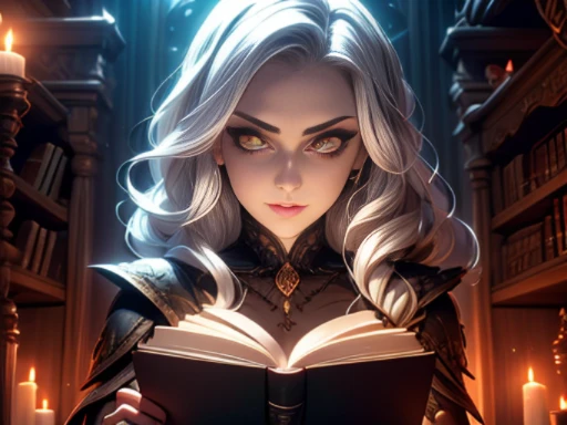 ((materpiece)), ((best quality)), ((cinematic lighting): 1.0), ((medium close-up): 1.0)A Witch, white hair, pale skin, red eyes, holding an open grimoire. Behind her, several demonic creatures peer at the book, preparing to leave their hellish prison.