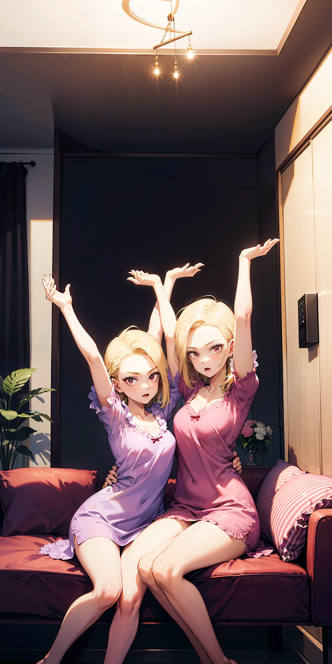 2girls (twins), sitting on red bed , arms raised in the air , front view, cute, android 18, blonde hair, shor hair, wearing pink nightgown