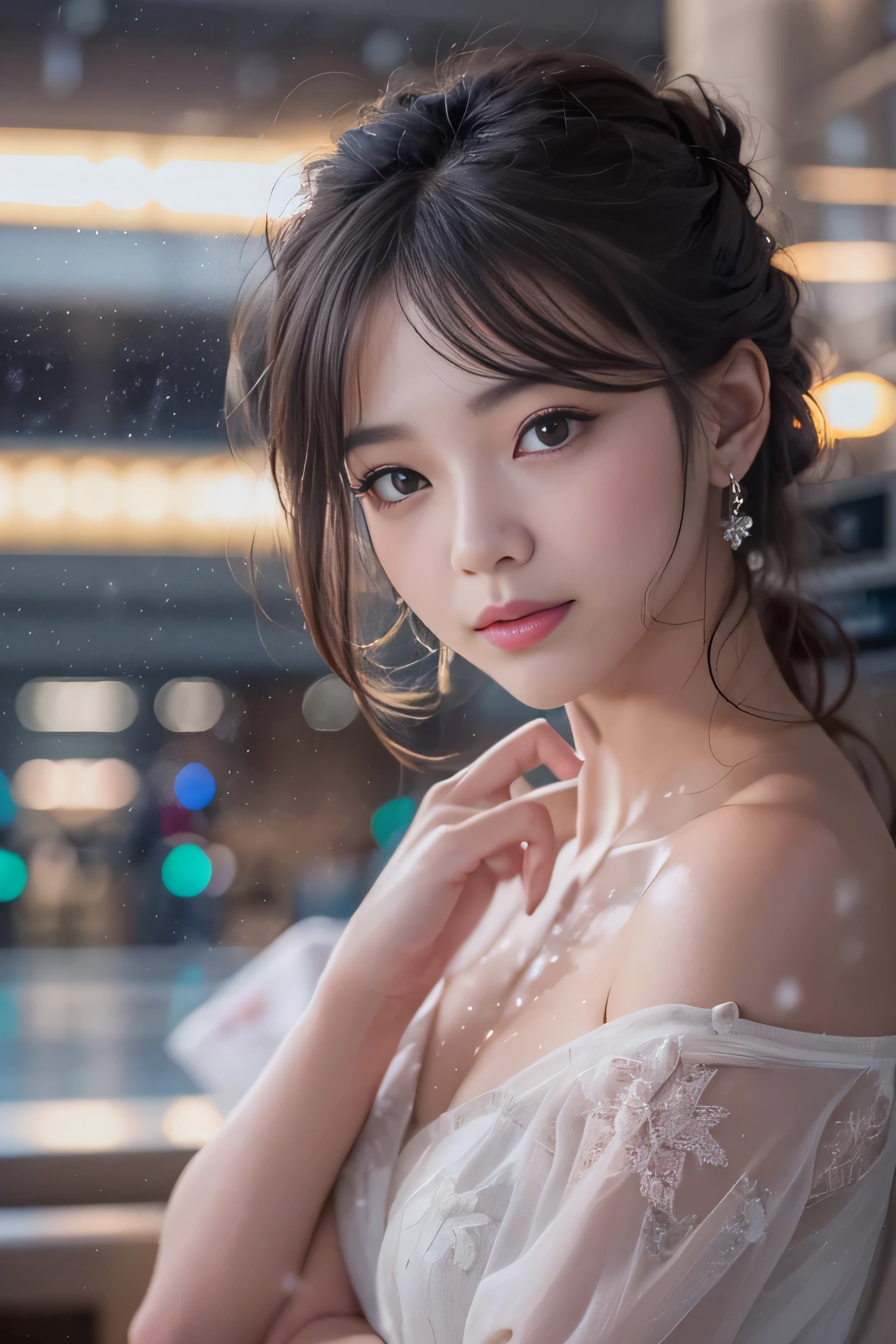 highest quality、High resolution、Super detailed、masterpiece、(Live shooting:1.5)、genuine:1.5、photogenuineistic:1.5、very delicate and beautiful、small details、1 female、Early 20s、(super beautiful)、(super beautiful顔)、wearing makeup、(Standing in the airport departure lobby at night)、(The background is a night view of an airplane seen from the window and falling snow..)、(upper body shot)