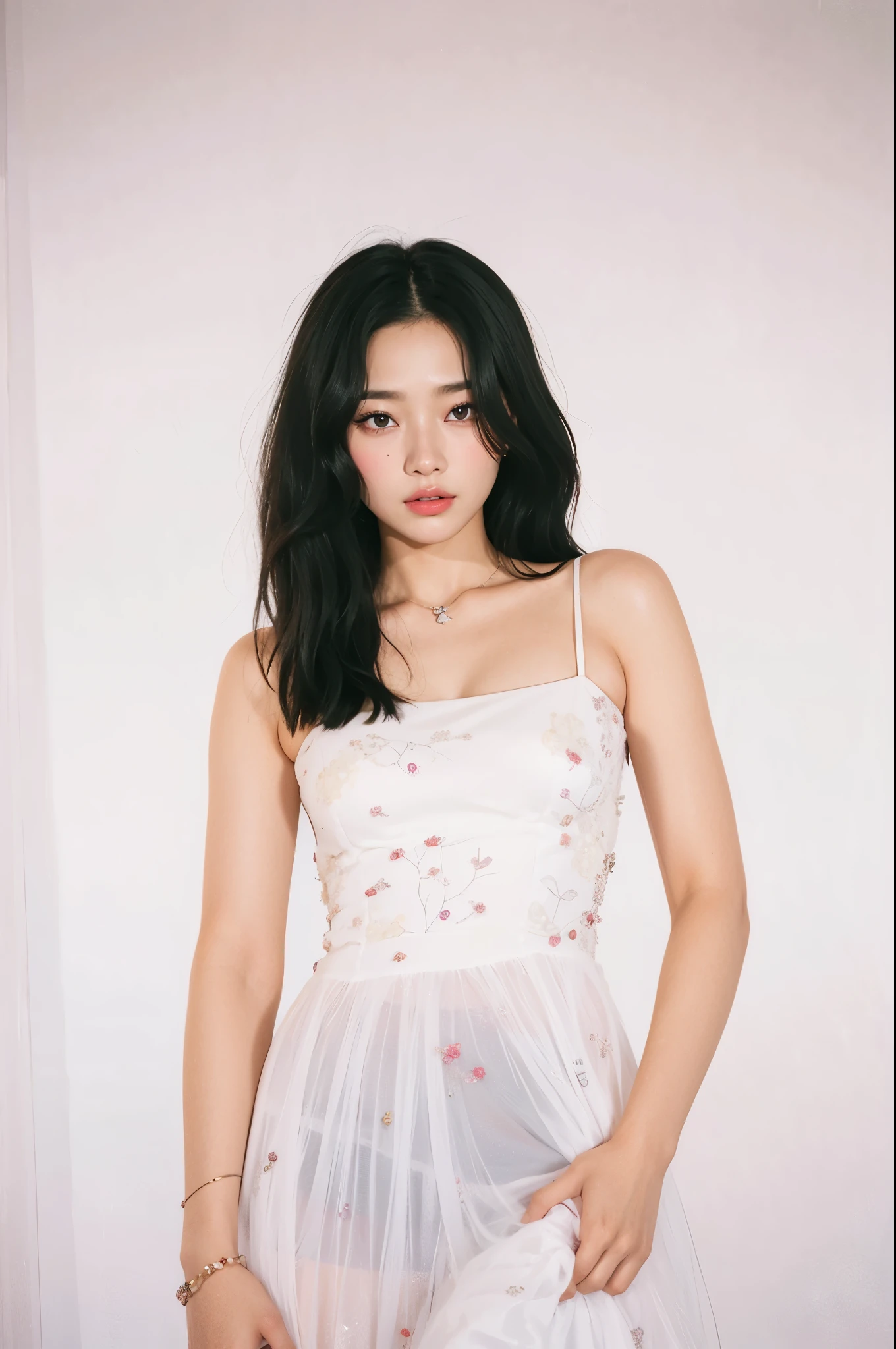 Un primer plano de una mujer con un vestido blanco posando para una foto, bae suzy, heonhwa choe, modelo de moda femenina coreana, TaeJune Kim, Jinyoung Shin, jiyun chae, usando una camisola, vestido tubo, Jin Kim, hermosa joven coreana, translucent dress, vistiendo camisola blanca, jaeyeon nam