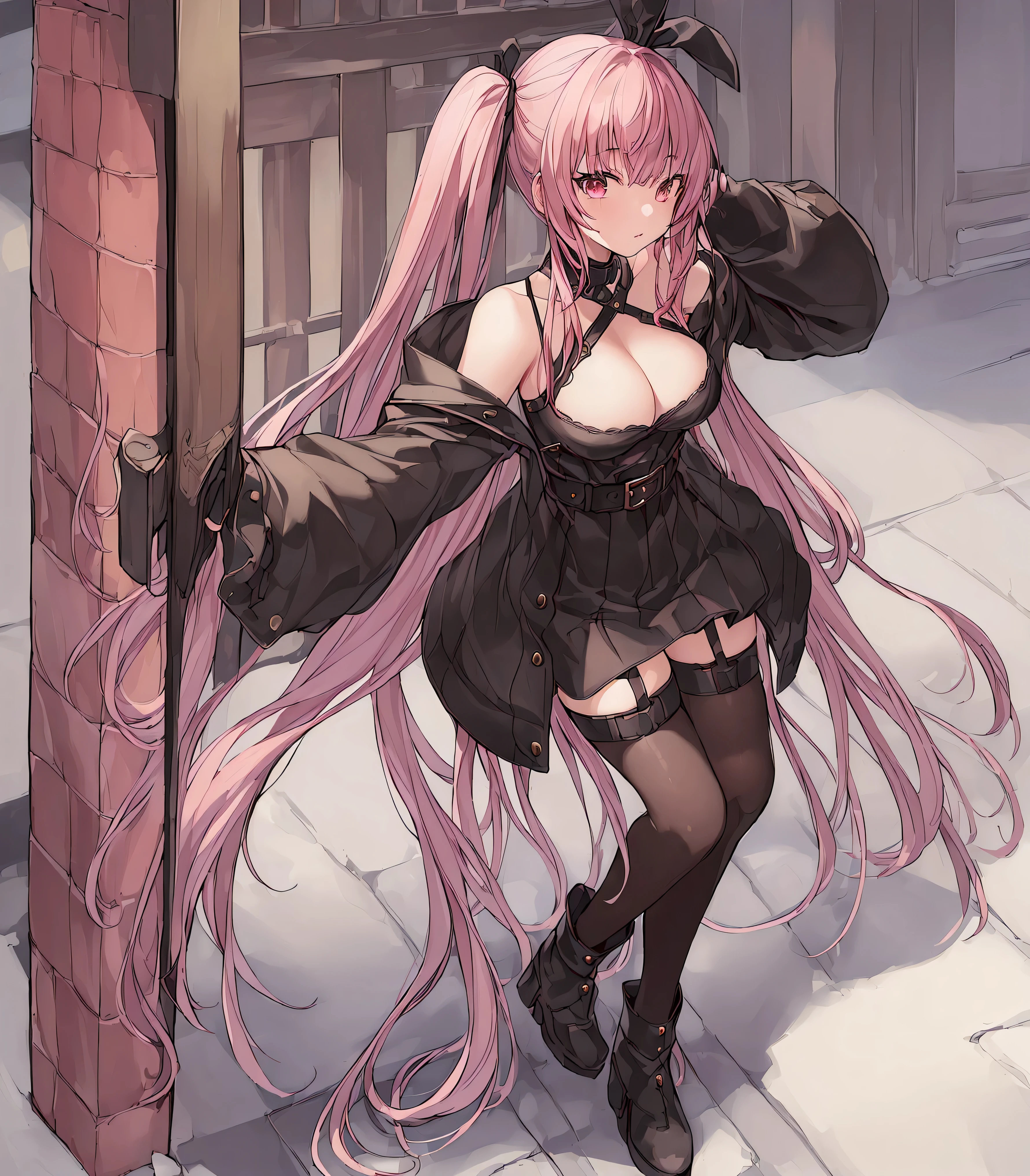 (((masterpiece、top-quality、hight resolution)))、
Original outfit, military outfits, ((1girl in)), long pink hair, pigtails, black sexy armour, cute face, perfect long legs, (standing), full body, black leather boots, stockings, cleavage, stockings, on a battleship