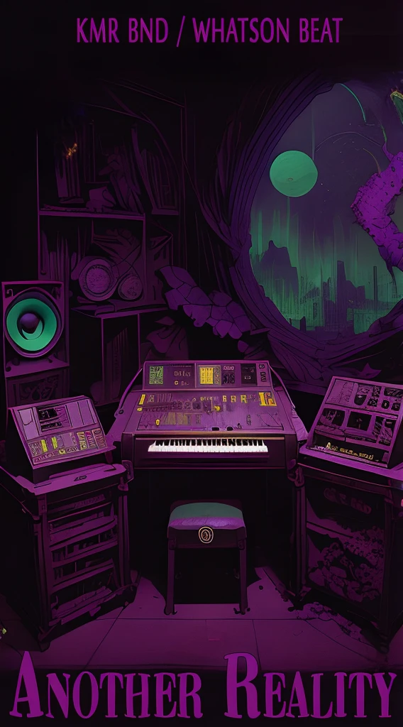 Purple music studio poster with keyboards, Speakers, and monitor, synthwave art, feel the synthesizer, background image, [ synthwave art style ]!! ]!!, synthwave art style, [ synthwave art style ]!!, synthwave image, synthwave digital art, synthwave art style ]!!, ( ( ( synthwave ) ) )