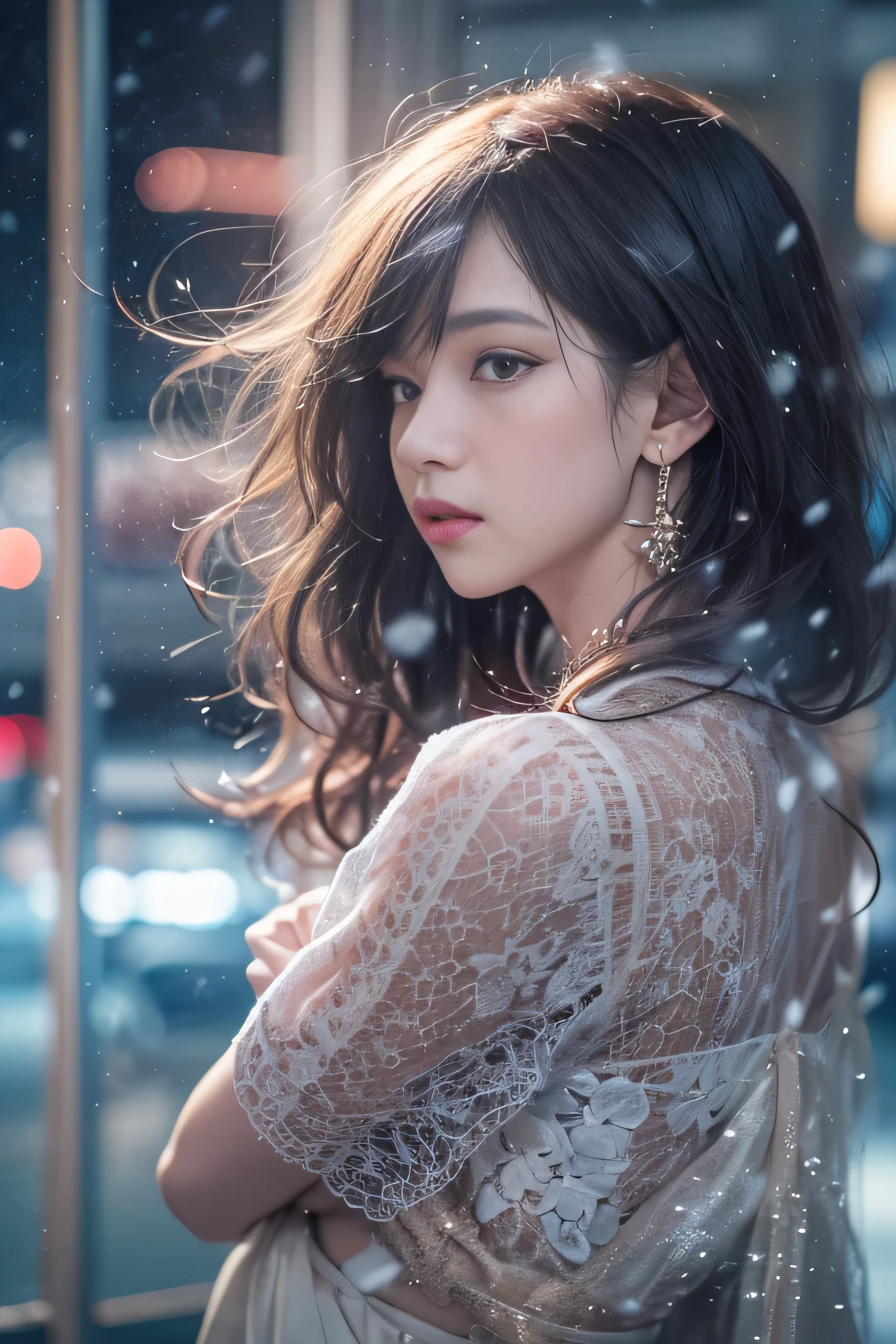 highest quality、High resolution、Super detailed、masterpiece、(Live shooting:1.5)、genuine:1.5、photogenuineistic:1.5、very delicate and beautiful、small details、1 female、Early 20s、(super beautiful)、(super beautiful顔)、wearing makeup、(Standing in the airport departure lobby at night)、(The background is a night view of an airplane seen from the window and falling snow..)、(upper body shot)