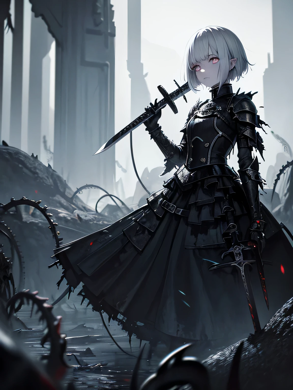 (dark biopunk art), ((hopeless tentacle horror fantasy)), dark anime girl, ((holding a broken massive broad sword with both hands)), short white hair, dark eyes, black wounds, broken steel skirt, (cracked long iron skirt), broken breastplate, black oil fluids, devastated fantasy environment, very detailed art, very detailed background