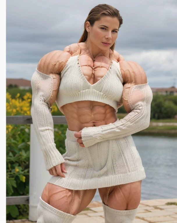Rhona Mitra, Generate a full length fashion portrait of a heavily muscled iff pro female bodybuilder , her makeup, hair, she dressed in a tight fluffy woolen sweater, tight miniskirt, white knee high socks, lighting, environment