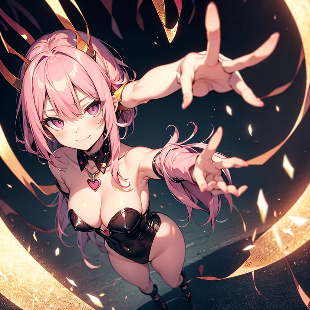 Succubus　pose of temptation　erotic body　　cute face　fascinating face　pose with arms outstretched　heart mark　slight smile　pink hair　eyes are hearts　4-arm　charm magic　angle from above