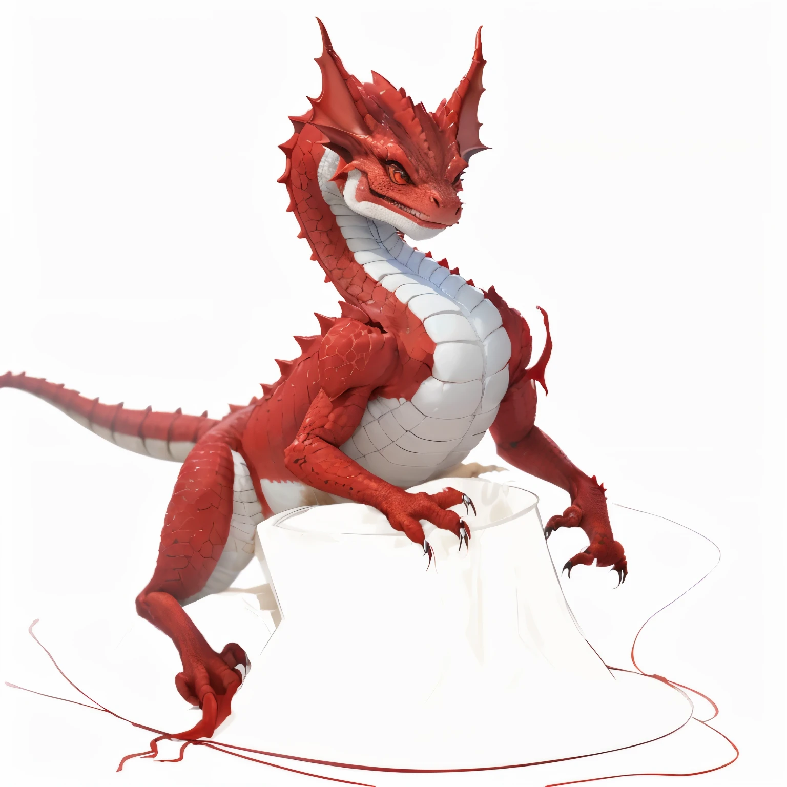 Drawing of a red and white pot-bellied cat, human lizard, anthro gecko, Detailed but rough, He has red scales on his back, threatening posture, dragon body, cursory, Digestive Dragon, young male human dragon, bad posture, dragon with scars, powerful posing, Full body dragon concept, But as an anthropomorphic dragon