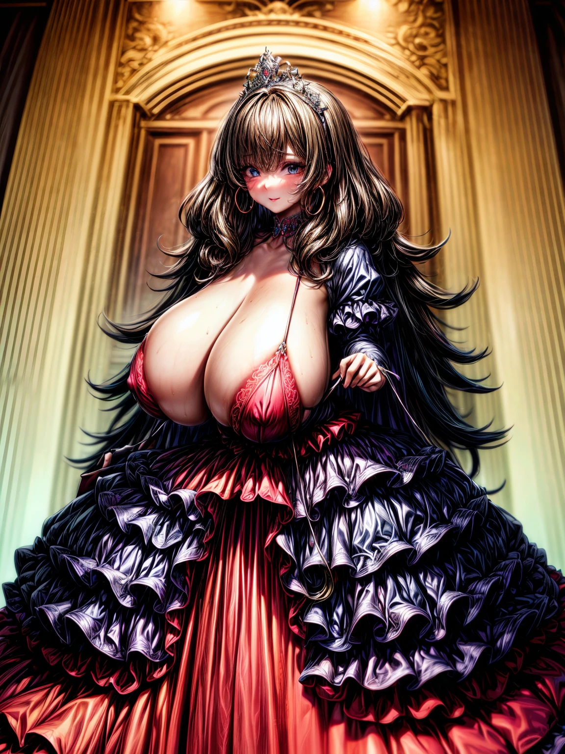 ((anime artstyle)),(Masterpiece),(Best Quality), (Super Detail),((Very Delicate and Beautiful)),(moe anime art style:1.3),1 girl,((full body portrait)),standing in palace of versailles,((solo)),cute,kawaii,digital art,(((1 princess in gorgeous princess rococo ballgown with voluminous full length hoop skirt))),((crinoline)),long train,((beautiful embroidery and jeweled)),voluminous frills,See-through,(gorgeous embroidery and beautiful lace),(((gigantic tits,skindentation))),((large amount of straight hair,extremely voluminous Hair,Very Long Straight Hair)),((finely detailed face and eyes)),clear pupil,extremely gorgeousfull hair ornament,(bling-bling jeweled extremely gorgeousfull tiara),(bling-bling gorgeous gemstone jewelry),long veil,(beautiful background),full body,((gorgeous princess rococo ballgown with voluminous full length hoop skirt))