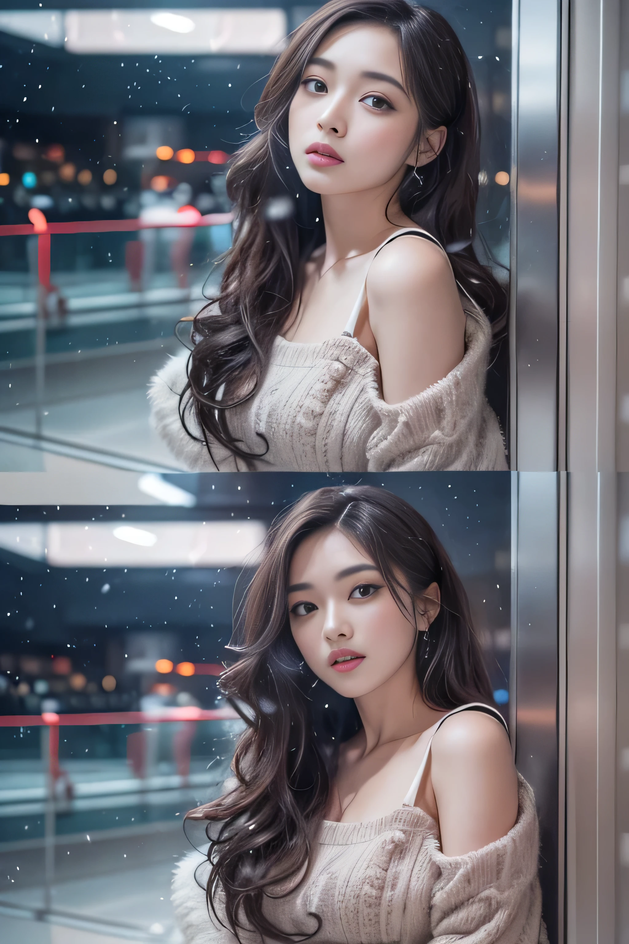 highest quality、High resolution、Super detailed、masterpiece、(Live shooting:1.5)、genuine:1.5、photogenuineistic:1.5、very delicate and beautiful、small details、1 female、Early 20s、(super beautiful)、(super beautiful顔)、wearing makeup、(Standing in the airport departure lobby at night)、(The background is a night view of an airplane seen from the window and falling snow..)、(upper body shot)