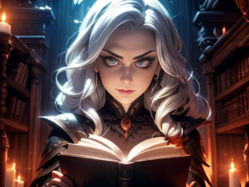 ((materpiece)), ((best quality)), ((cinematic lighting): 1.0), ((medium close-up): 1.0)A Witch, white hair, pale skin, red eyes, holding an open grimoire. ((Behind her, several demonic creatures peer at the book, preparing to leave their hellish prison): 1.2).